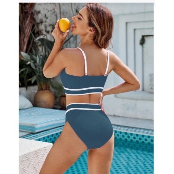 Womens Large High Waisted Bikini Set Adj Straps Ribbed Texture Green White - Picture 2 of 12